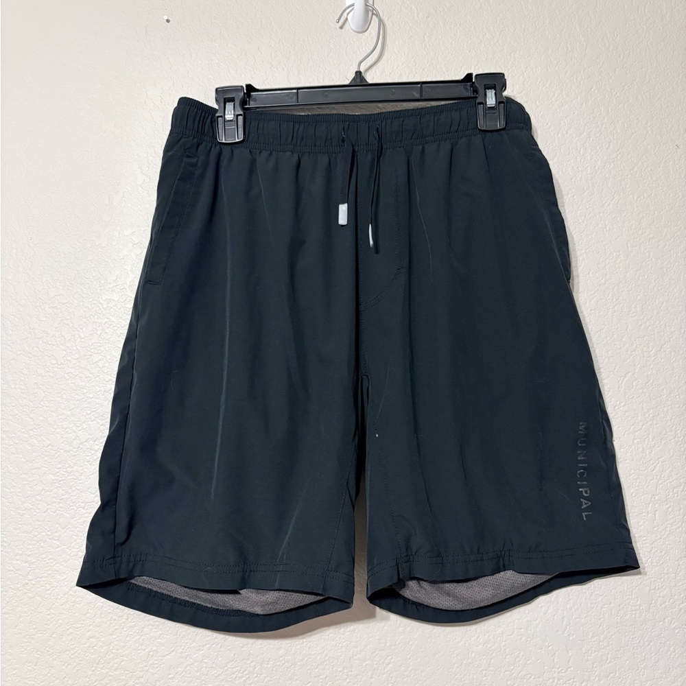 Men's Municipal Athletic Black Gym Shorts Lined Side Pockets Back Zip Pocket L